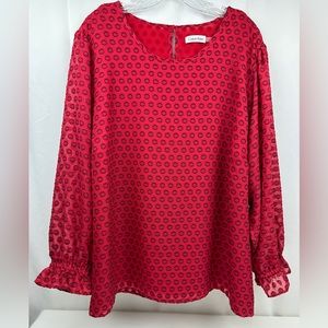 Calvin Klein Red Polka Dot Long Sheer Poet Sleeve Chiffon Blouse Plus Size 3X